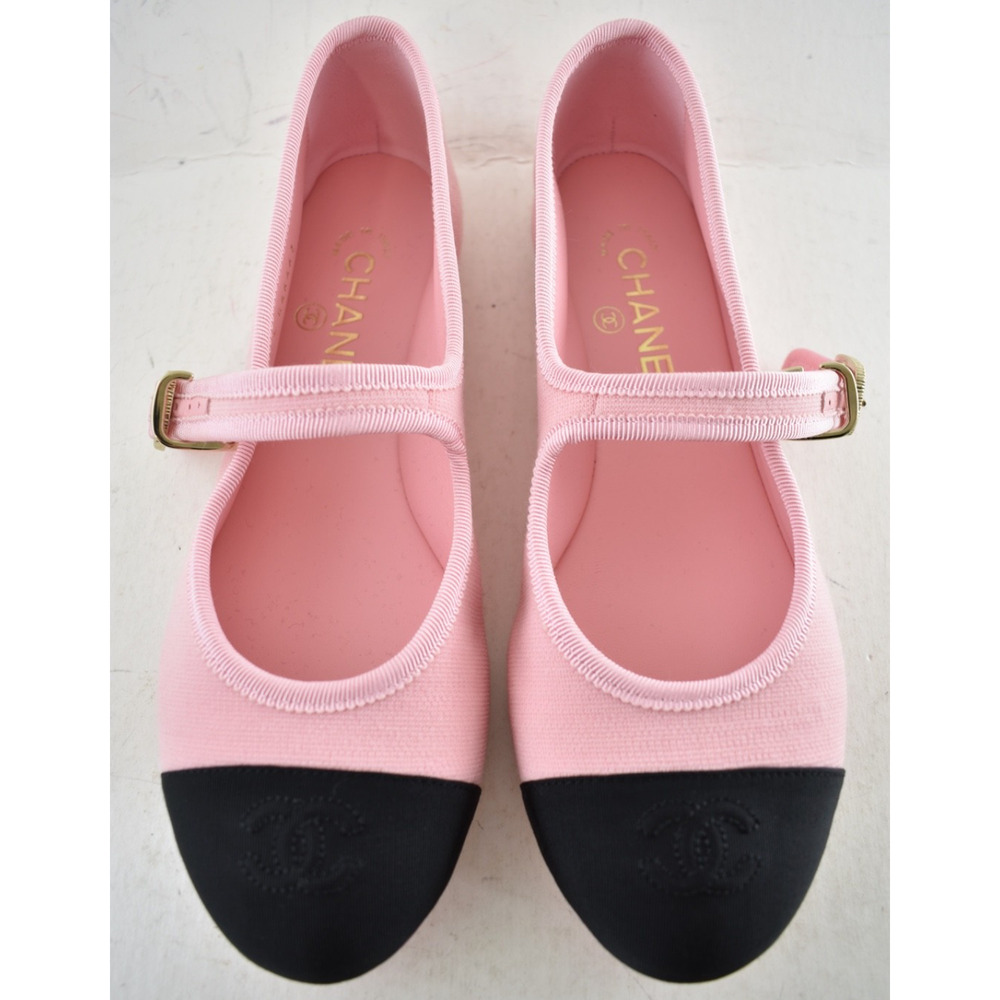 Chanel 25S Pink Fabric Black CC Logo Mary Jane Strap Ballerina Ballet Flat 37 - Picture 7 of 16
